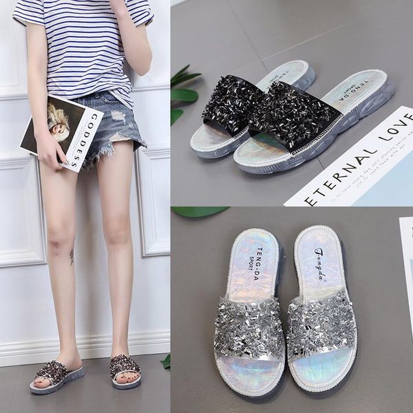 

slippers transparent soft soled summer shoes woman glitter crystal beach anti-skid flipflops korean bling flat women cozy slides, Black