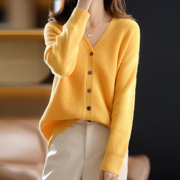 

women's knits & tees 2021 autumn and winter korean cashmere sweater women loose wild v-neck coat 100% pure wool cardigan pullover, White