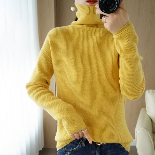 

women's sweaters ladies sweater 2021 autumn and winter high-neck 100% pure female knitted wool thick colour solid ladies top, White;black