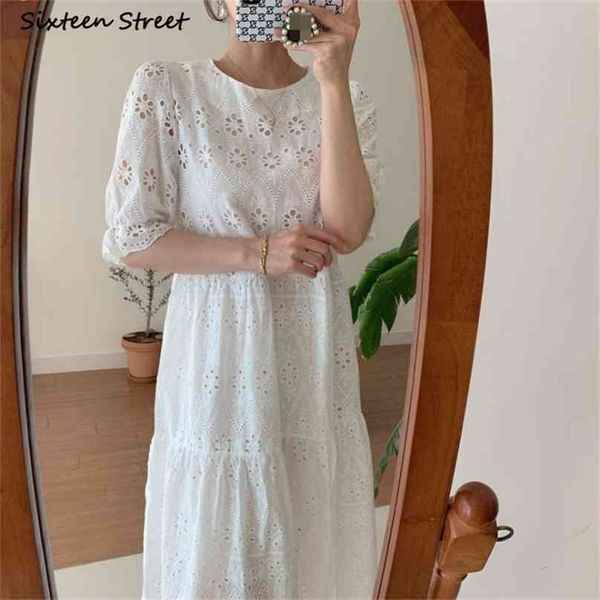 

white solid vintage summer dress woman clothing o-neck hollow out elegant vestidos chic korean loose long dresses 210603, Black;gray
