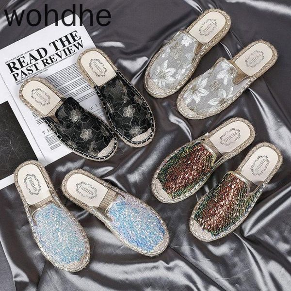 

slippers cotton fabric women embroidered round toe mules summer spring retro ladies comfort embroidery slide big size 41 42 43, Black