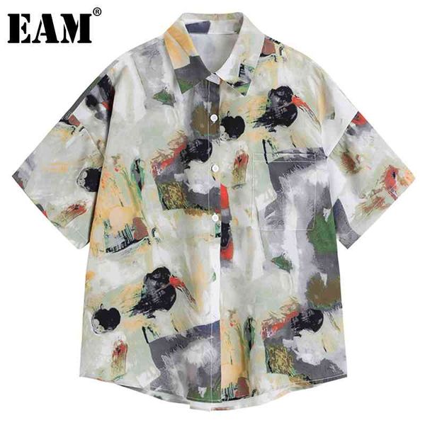 

[eam] women yellow pattern printed big size blouse lapel half sleeve loose fit shirt fashion spring summer 1dd8794 210512, White
