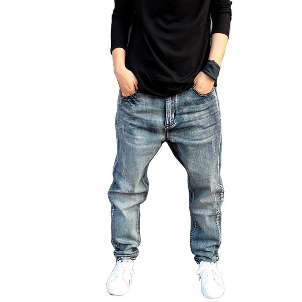 

jeans trendy men's loose harem pants slightly stretch big size skateboard baggy jeans male trousres cotton, Blue