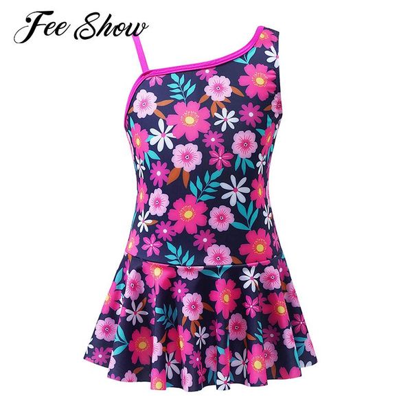 

one-pieces kids girls summer swimwear asymmetric shoulder strap print jumpsuit bodysuit with ruffle hem for beach pool swimming bathing, Black