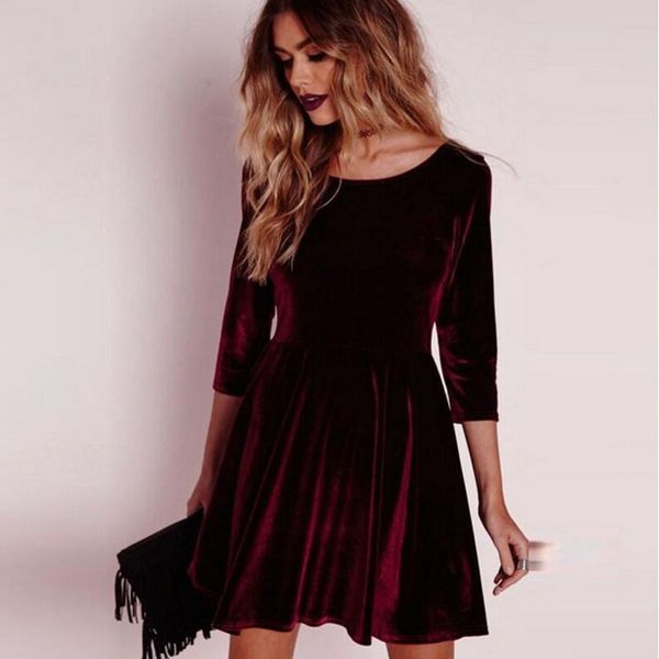 

casual dresses female dress with loose hem velvet long sleeve autumn and party fashion, Black;gray
