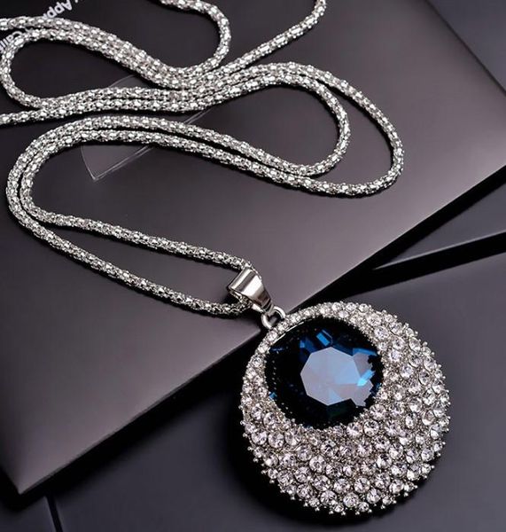 

vintage blue crystal long necklace women bijoux fashion jewelry necklaces & pendants classic gift ethnic style wholesale pendant, Silver