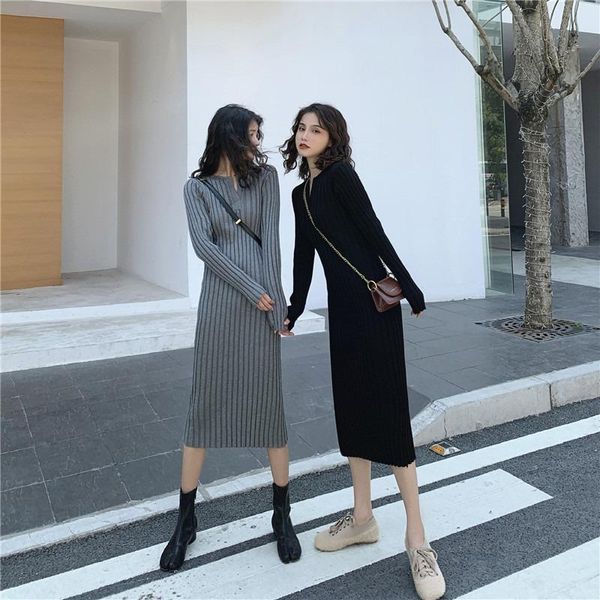 

casual dresses long sleeve autumn dress for women, Black;gray