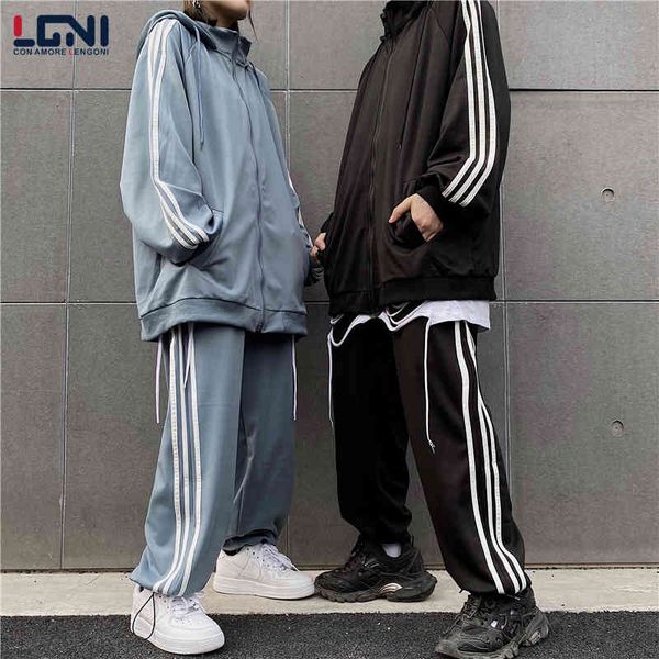 

men's control 90 korean leisure sports suit high neck hooded zipper coat loose wide leg two-piece set, Gray