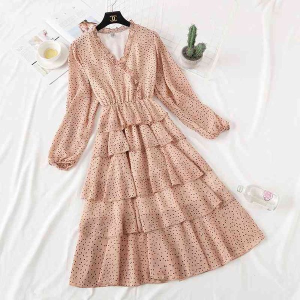 Big Sale Frühling und Sommer Elegantes Temperament Cascading Rüschenkleid Urlaub am Meer Stil Polka Dot V-Ausschnitt weiblich 210615