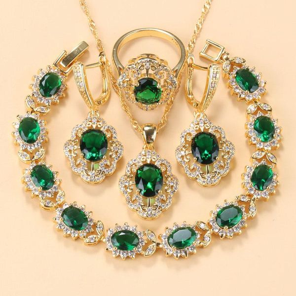 

earrings & necklace + semi-precious stones green flower jewelry sets for women bridal accessories african wedding luxurious, Silver