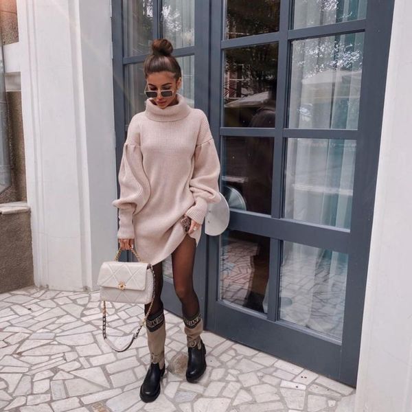 

women's sweaters 2021 autumn and winter fashion trends european american casual high neck lantern sleeve knitted sweater dres, White;black
