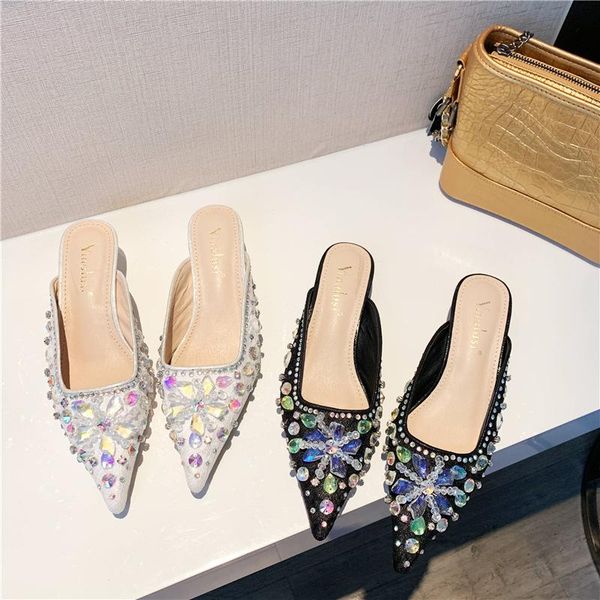 

slippers fashion crystal summer kitten heels mules shoes woman pointed toe shallow thin high slides all match comfy female, Black