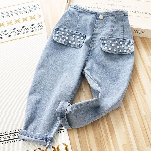 

spring 2021 girls' elastic washed nail beads high waisted jeans, Blue