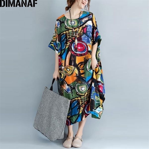 Dimanaf Frauen Kleid plus Größe Sommer Muster Drucken Leinen Bunte Weibliche Lose Batwing Casual Retro Vintage Große Größe Kleider 210323