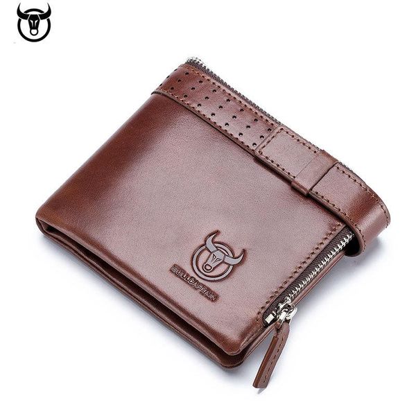 

wallets bullcaptain rfid vintage men's wallet genuine cow leather purse double folding zipper buckle storage card holder for male, Red;black
