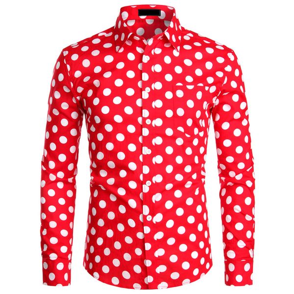 Moda Vermelho Mens Polka Dot Camisa Botão Casual Up Vestido Camisas Dos Homens Chemise Homme Party Club Camisas Masculinas Jardim Point Topo