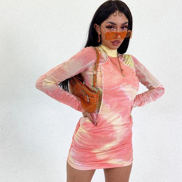 

casual dresses tie dye mesh pink bodycon mini women long sleeve 2021 autumn winter partywear skinny club dress ruched sexy, Black;gray