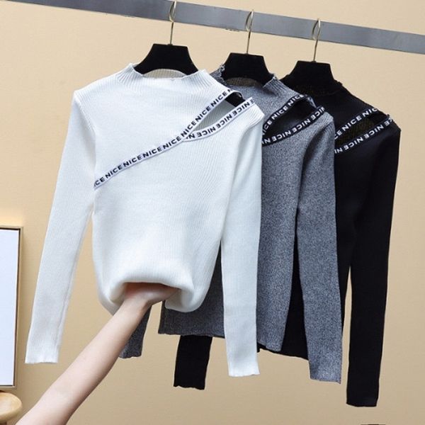 

korean appliques letter hollow out autumn winter knitted pullover sweaters women bottoming fitted pullovers 210525, White;black
