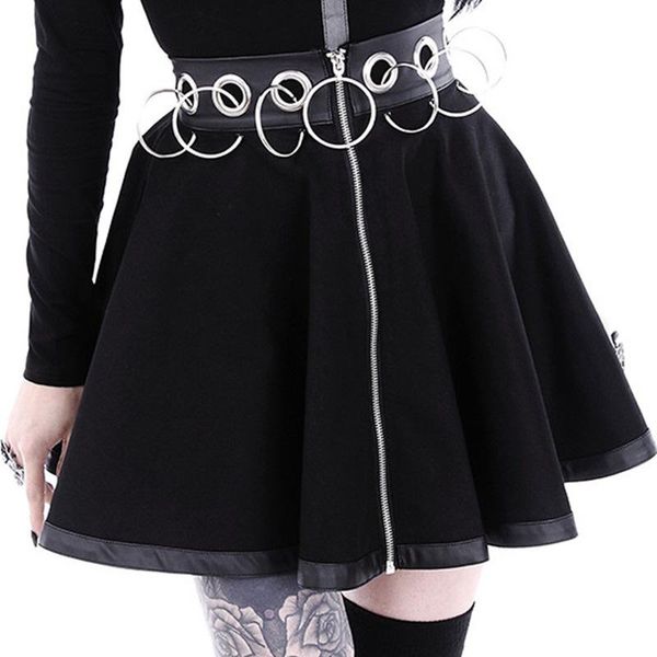 

skirts goth dark womens zipper hollow out iron ring gothic a-line mini skirt high waist streetwear cool chic female club wear, Black