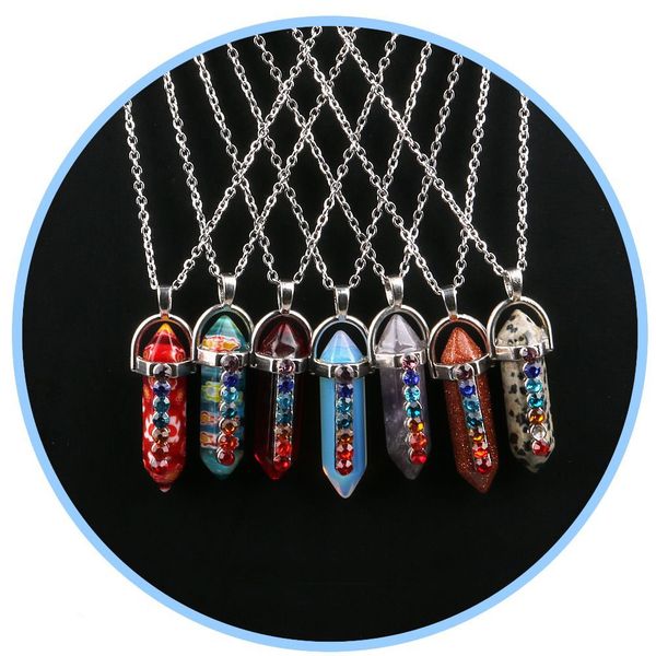 

rhinestone 7 chakras stone hexagonal prism pendant necklace amulet stainless steel chain necklaces for women men, Silver