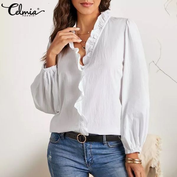 

blouses autumn lantern sleeve shirts celmia 2021 women ruffles blouses v-neck casual solid work loose office blusas femininas, White