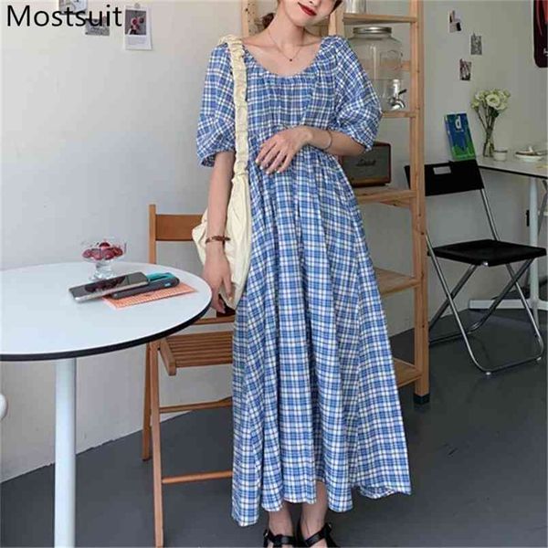 

summer blue plaid women long dress vintage korean short sleeve a-line midi dresses vestidos femme 210513, Black;gray