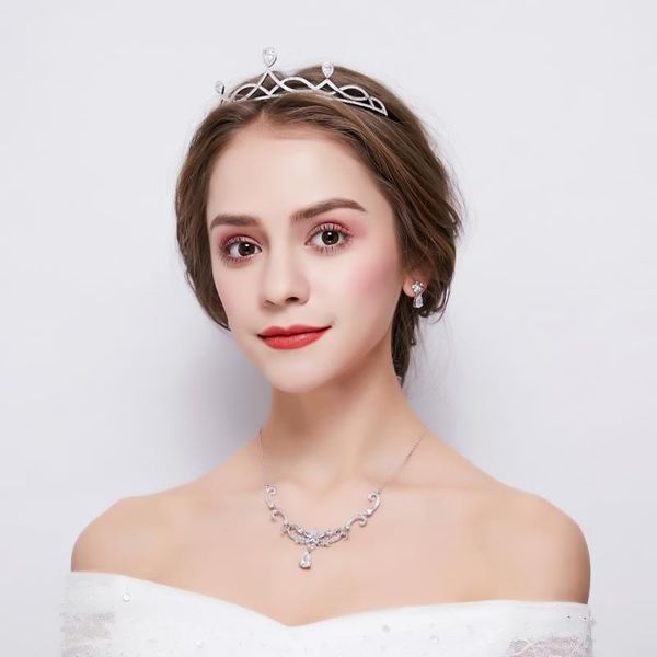 

wedding jewelry sets pear cut cubic zirconia tiara crown micro inlays zircon headband hair accessories bride necklace earrings, Slivery;golden