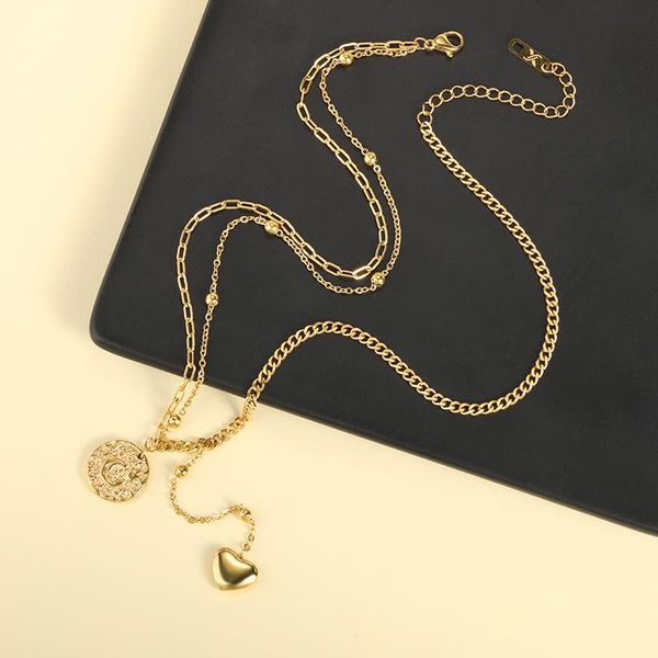 

pendant necklaces charming gold color multi-layer love heart stainless steel geometric coin choker 2021 christmas gift, Silver