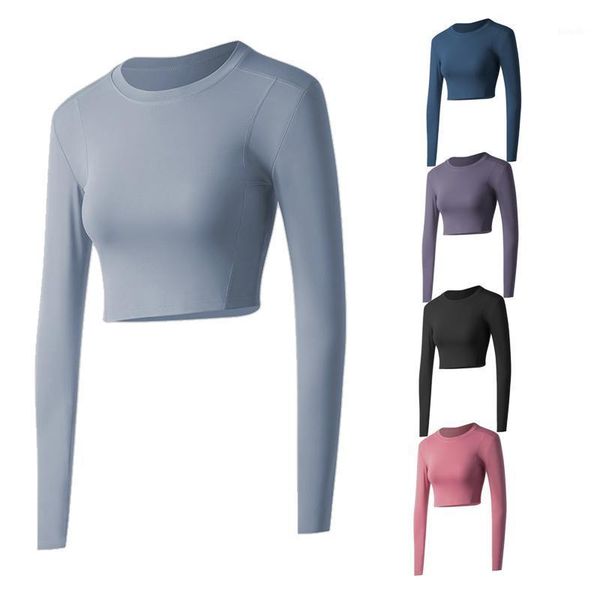 

yoga outfit fashionable running fitness sportswear clothes women long sleeve tight slim crop super stretchy elastic undershirt