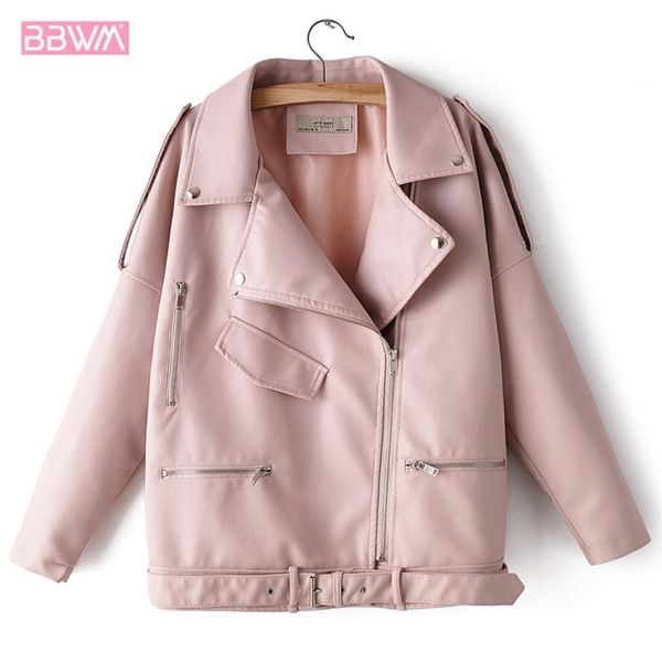 

pu long sleeve lapel loose belt zipper locomotive windproof women's jacket winter korean chic pink female coat black beige 210507
