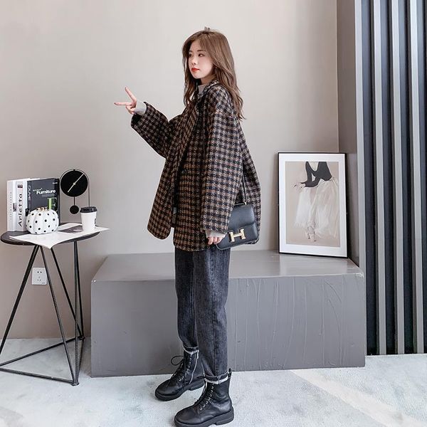 

women's suits & blazers temperament small fragrant wind woolen coat women thick 2021 autumn and winter all-match plaid korean loose, White;black