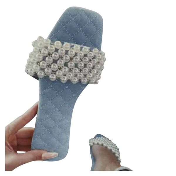 

summer slippers women pearl slides party shoes flat sandals flip flops square toe ladies outdoor woman, Black
