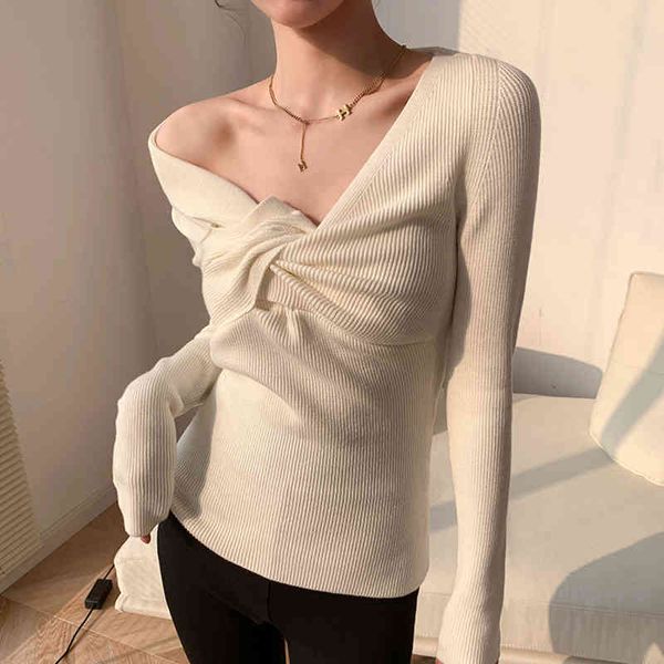 

hoodie patchwork kink sweater for women v neck long sleeve slim knitted pullovers female spring fashion clothing 2021, Black