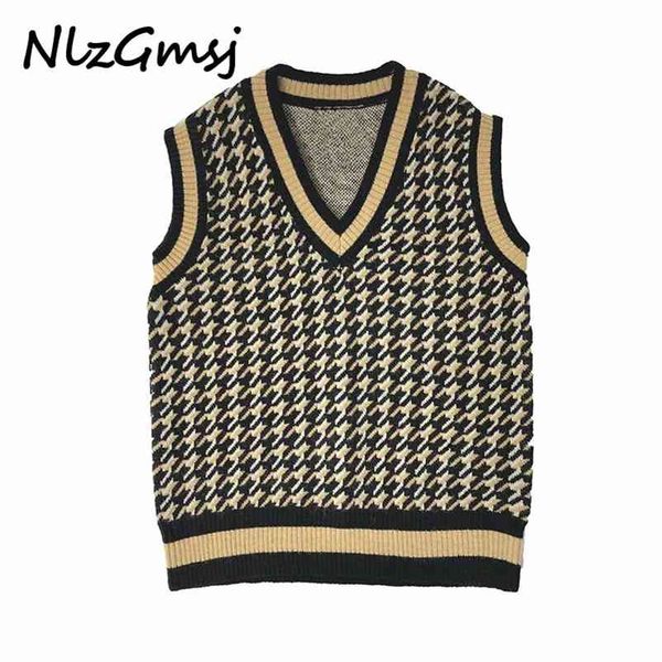 

sweater women spring contrast ribbed houndstooth vest femal sleeveless streetwear 210628, White;black