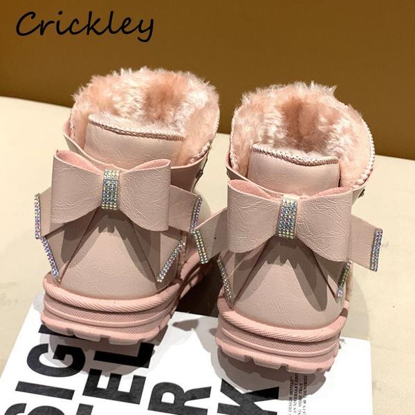

winter girls snow boots pu leather thick plush warm fashion for waterproof non slip lovely bow children, Black;grey