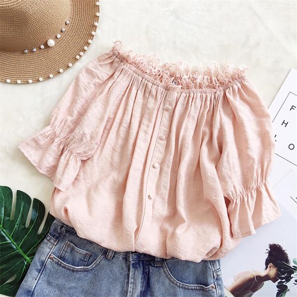 

women's blouses & shirts gowyimmes summer women off shoulder lace blouse sweet girl slash neck shirt lady short sleeve blusas basic pu, White
