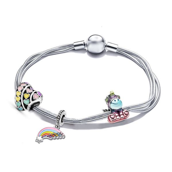 

pan rainbow unicorn multi circle snake bone chain, Golden;silver