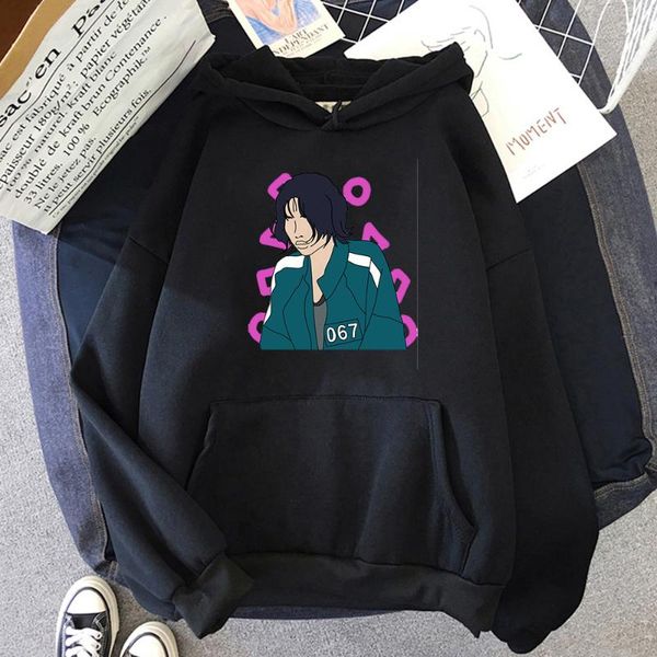 

men's hoodies & sweatshirts funny anime squid game player 067 long sleeve men women cartoon printed fashion winter casual sweatshirt, Black