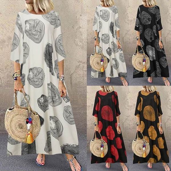 

vintage printed maxi dress women's 2021 casual 3/4 sleeve long vestido female floral linen robe, Black;gray