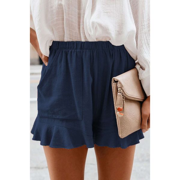 

women shorts 2021 summer high waist elastic pockets ruffl straight casual mini short pant cotton fashion biker bottoms s-5xl, White;black
