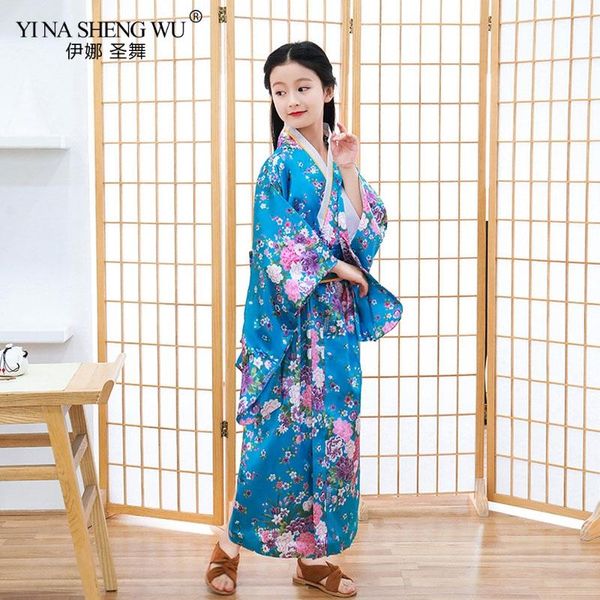 

japan traditional child robe satin girls yukata kimono bow children's sakura print dress bridesmaid costume silk ethnic clothing, Red