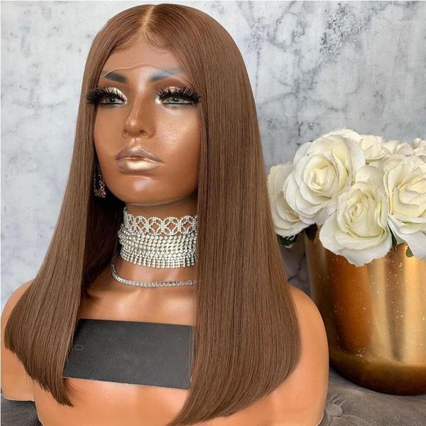 

silky straight medium dark brown colored length 13*6 lace front human hair wig with baby 180% density wigs for black women1, Black;brown