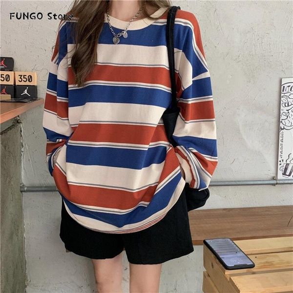 

striped thin basic crewneck sweatshirt round neck long sleeve spring autumn pullover women loose hoodies preppy style women's & sweatsh, Black