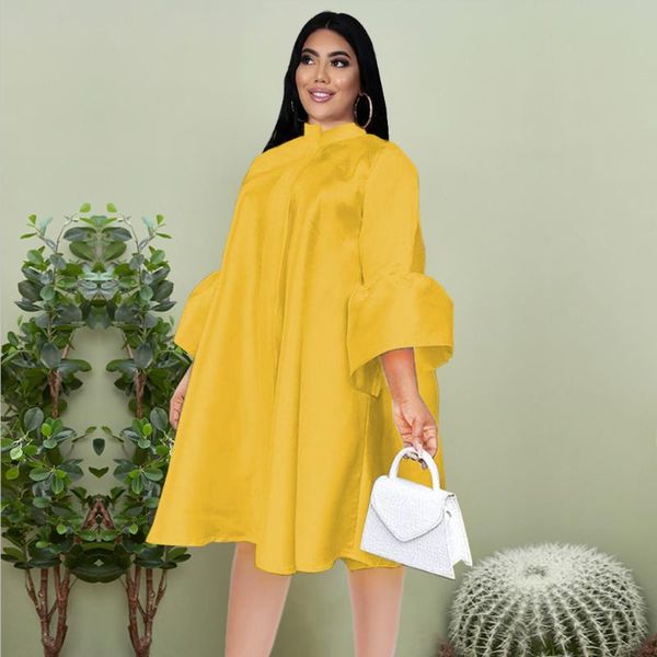 

plus size dresses yellow lantern sleeve loose button solid casual knee length spring autumn elegant dress for party office, Black