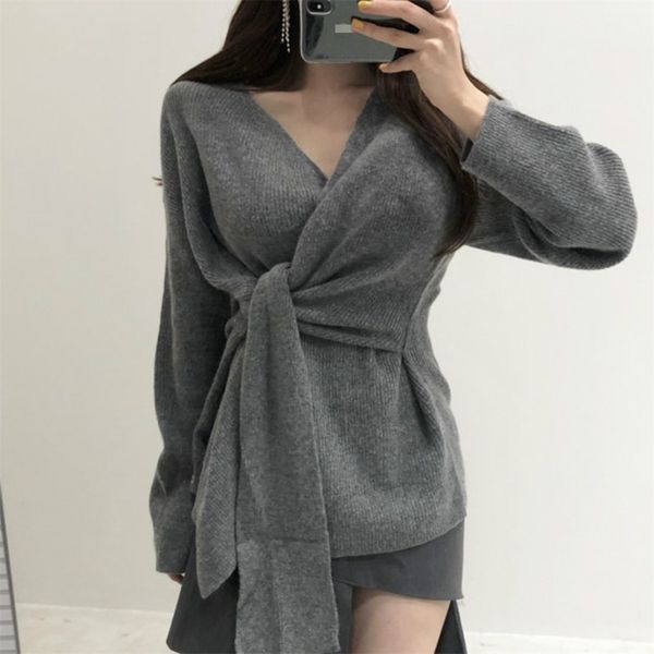 

women autumn winter v-neck solid color sweater chic crooss lace up pullovers warm all-match knitted femme pl515 210506, White