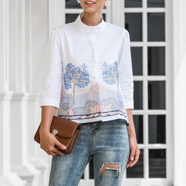 

women's blouses & shirts fashion women abstract embroidery doll shirt summer autumn casual elegant ladies 3/4 sleeve office, White