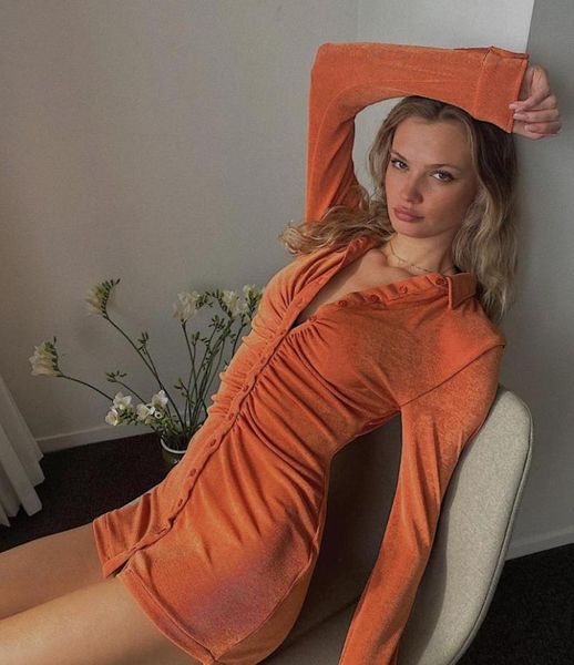 

casual dresses ladies elegant close-fitting sheath long sleeve dress women's solid color button collared short skirt turn down neck off, Black;gray