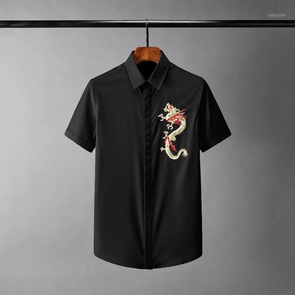 

men's casual shirts cotton mens dragon embroidery short sleeve male plus size 4xl slim fit summer man shrit, White;black
