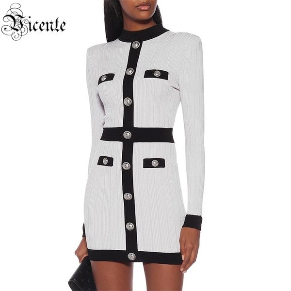

women black white stitching bandage dress turtleneck long sleeves buttons celebrity party bodycon vestidos 210520, Black;gray