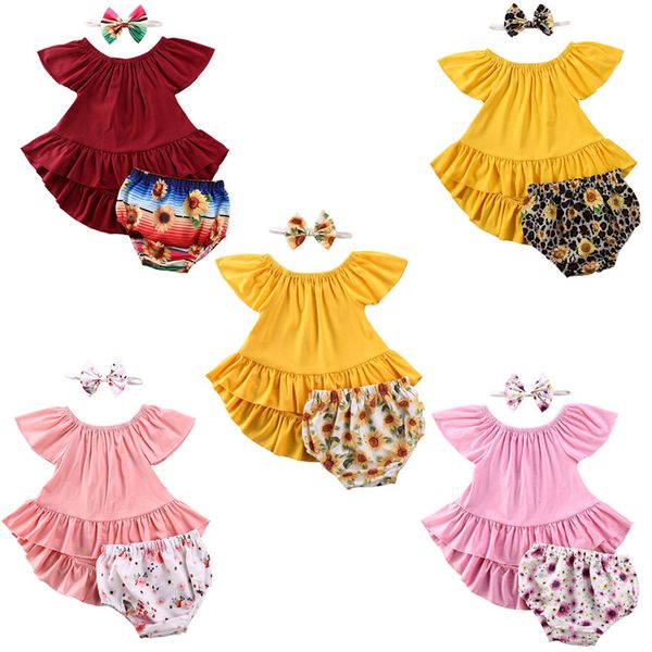 

newborn baby girls summer sunflower clothes set cotton kids sleeveless blouse+shorts+headband suits 0-24m, White